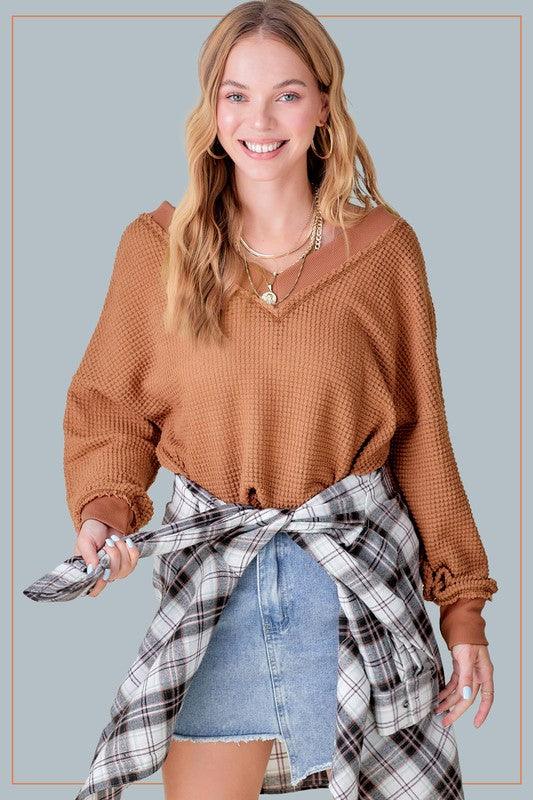 Holly V-Neck Waffle oversized Sweater - Sweater