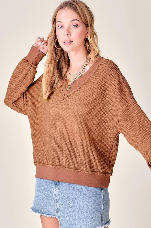 Holly V-Neck Waffle oversized Sweater - Sweater