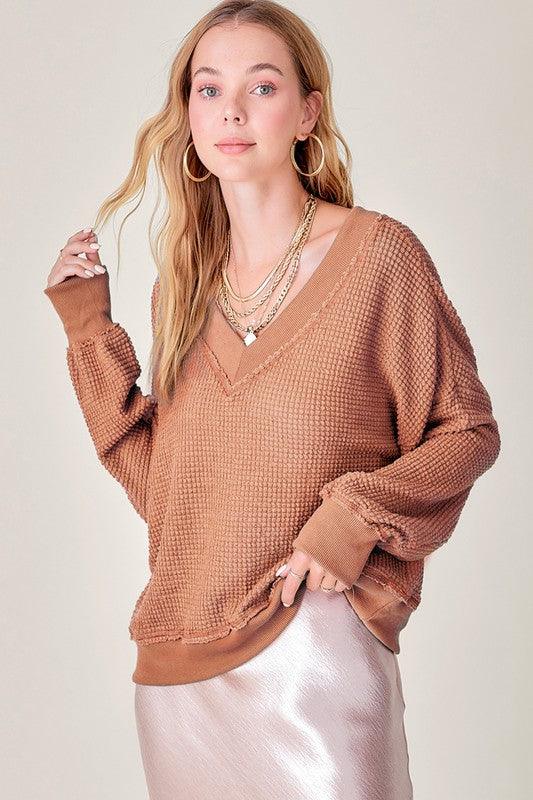 Holly V-Neck Waffle oversized Sweater - Sweater