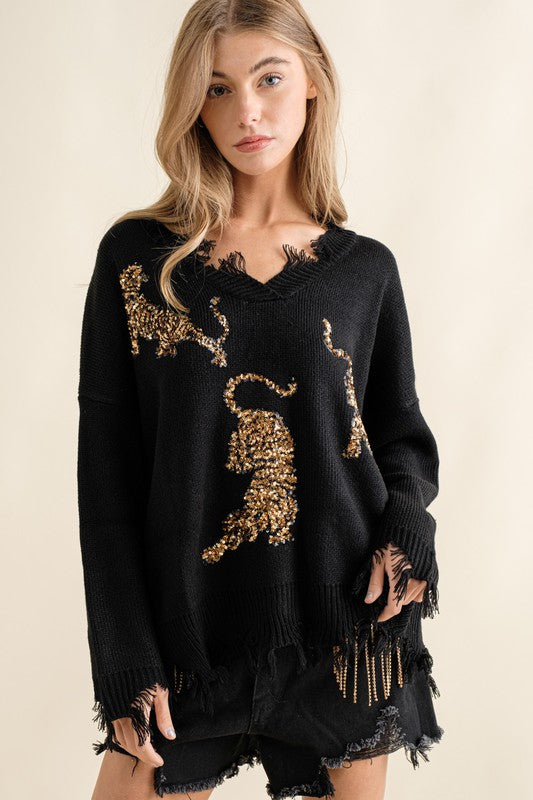 Blue B Frayed Edge Sequin Tiger Sweater