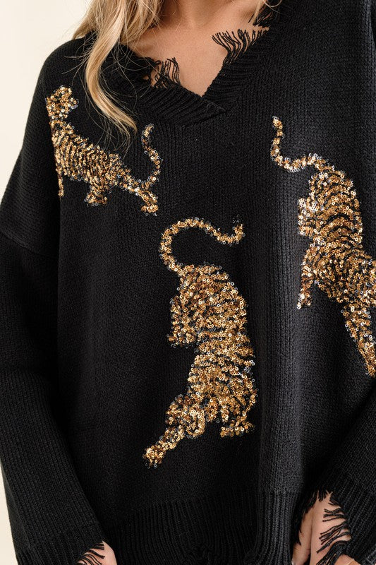 Blue B Frayed Edge Sequin Tiger Sweater