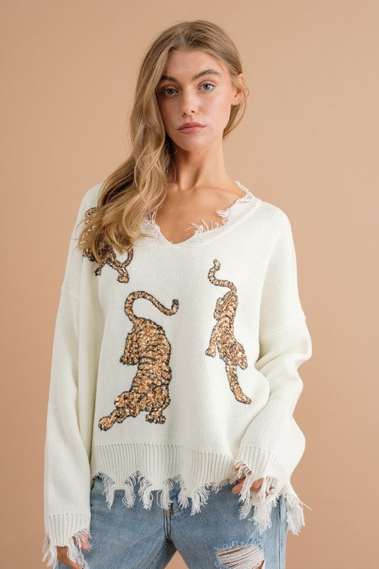 Blue B Frayed Edge Sequin Tiger Sweater