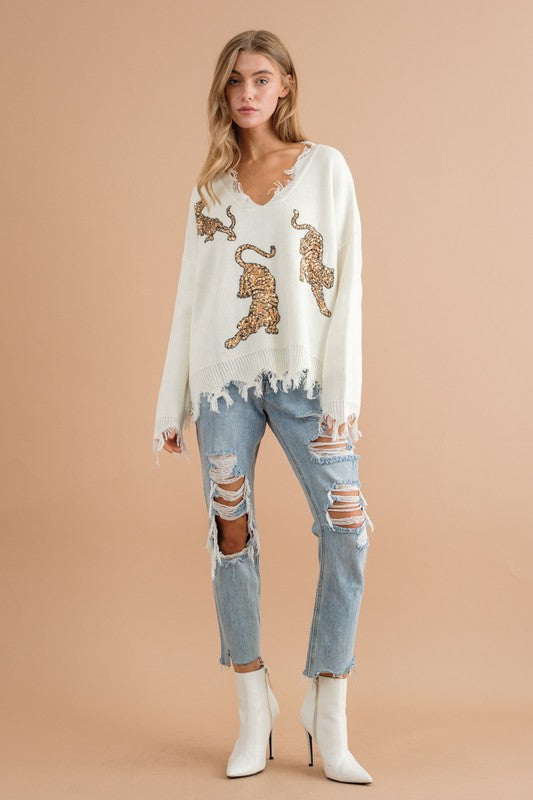 Blue B Frayed Edge Sequin Tiger Sweater