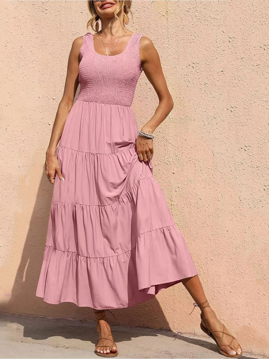 Tiered Smocked Wide Strap Midi Dress