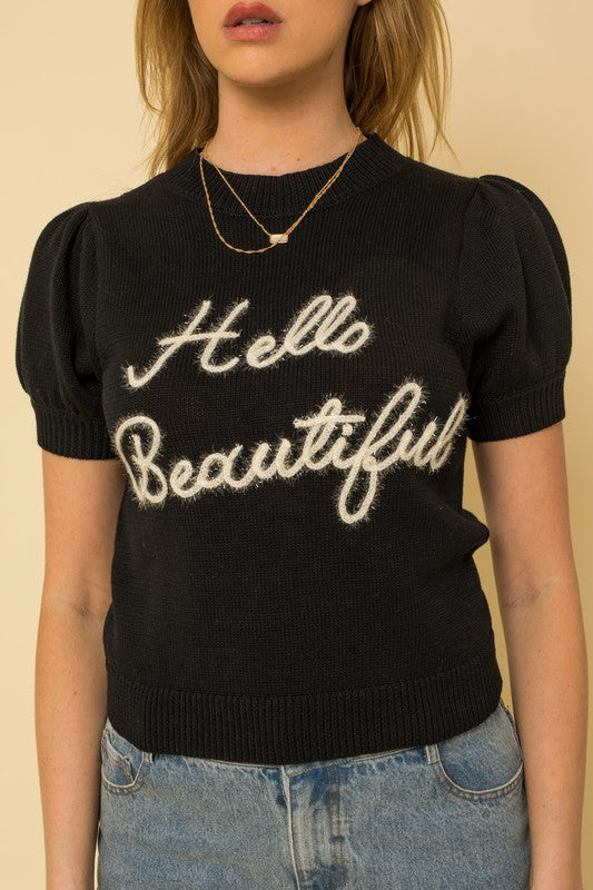 Gilli Hello Beautiful Short Sleeve Sweater Top