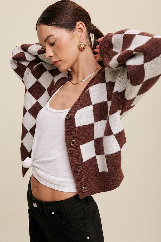 Bold Gingham Sweater Weaved Crop Cardigan - Cardigan