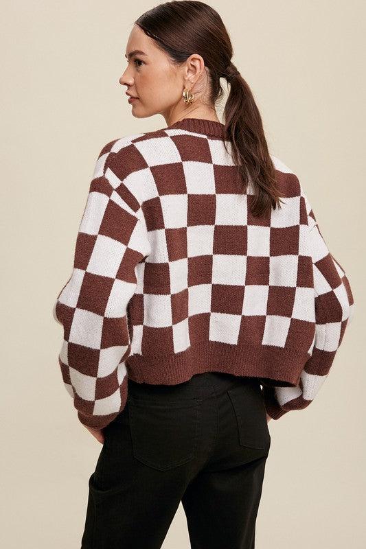 Bold Gingham Sweater Weaved Crop Cardigan - Cardigan