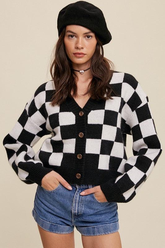 Bold Gingham Sweater Weaved Crop Cardigan - Cardigan