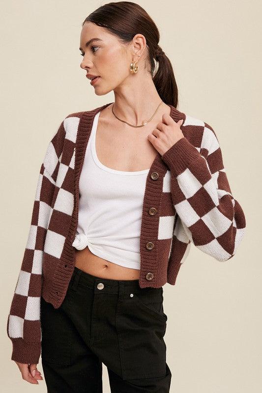 Bold Gingham Sweater Weaved Crop Cardigan - Cardigan