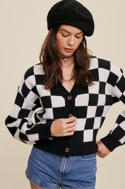 Bold Gingham Sweater Weaved Crop Cardigan - Cardigan