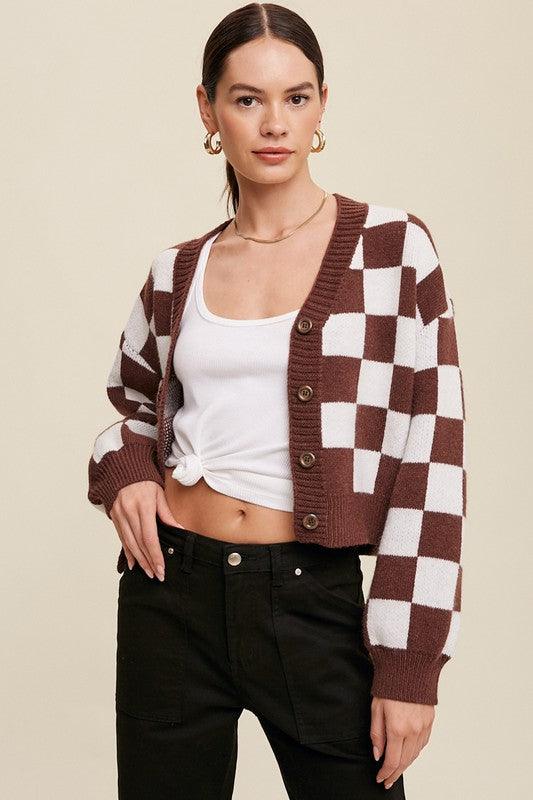 Bold Gingham Sweater Weaved Crop Cardigan - Cardigan