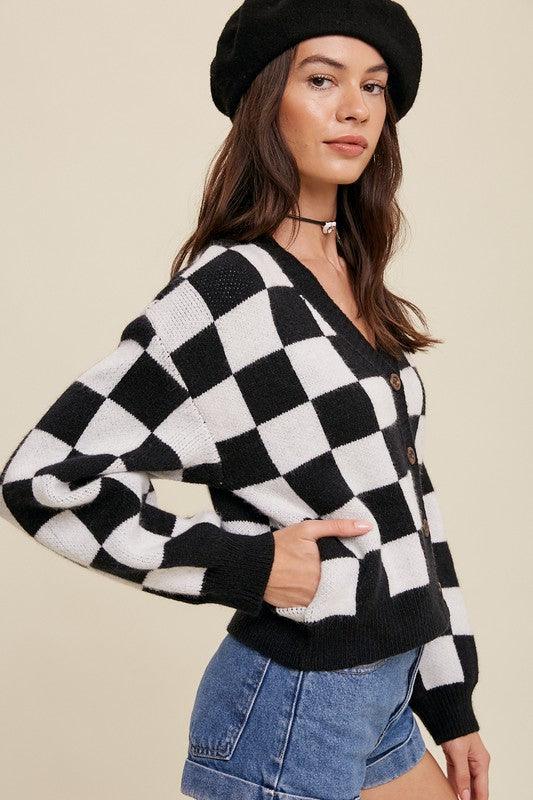 Bold Gingham Sweater Weaved Crop Cardigan - Cardigan