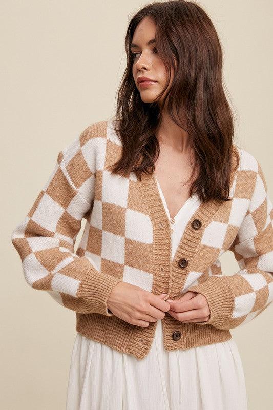 Bold Gingham Sweater Weaved Crop Cardigan - Cardigan