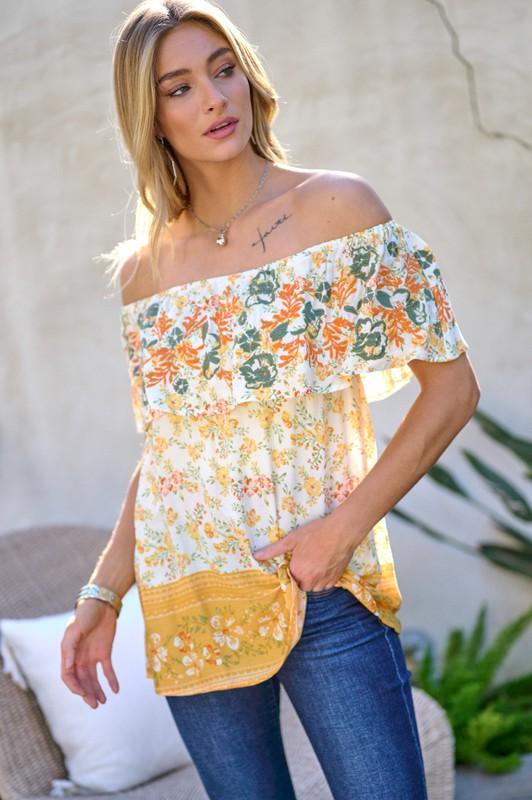 Printed Off Shoulder Smocked Top - Top