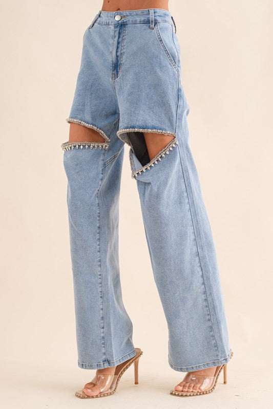 Blue B Washed Denim Cut Front Rhinestone Jeans