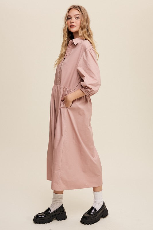 Listicle Button Front Puff Sleeve Babydoll Maxi Dress