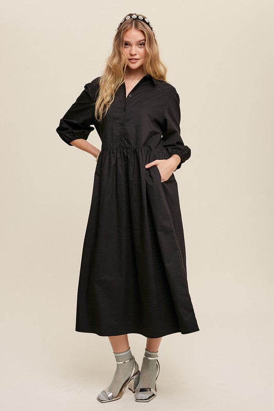 Listicle Button Front Puff Sleeve Babydoll Maxi Dress