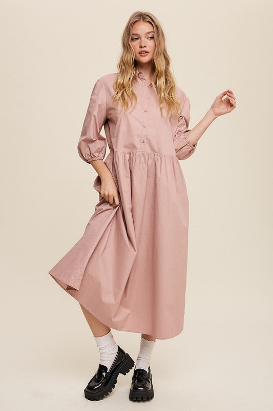 Listicle Button Front Puff Sleeve Babydoll Maxi Dress