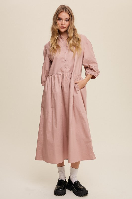 Listicle Button Front Puff Sleeve Babydoll Maxi Dress