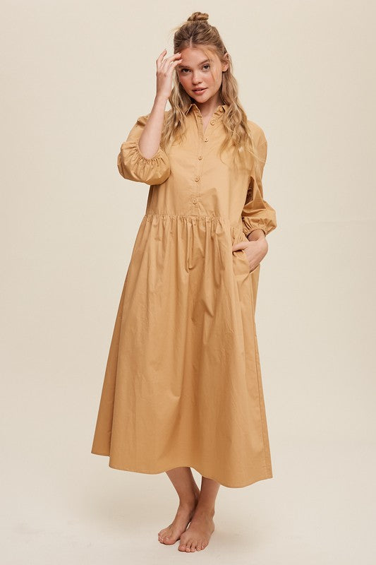 Listicle Button Front Puff Sleeve Babydoll Maxi Dress