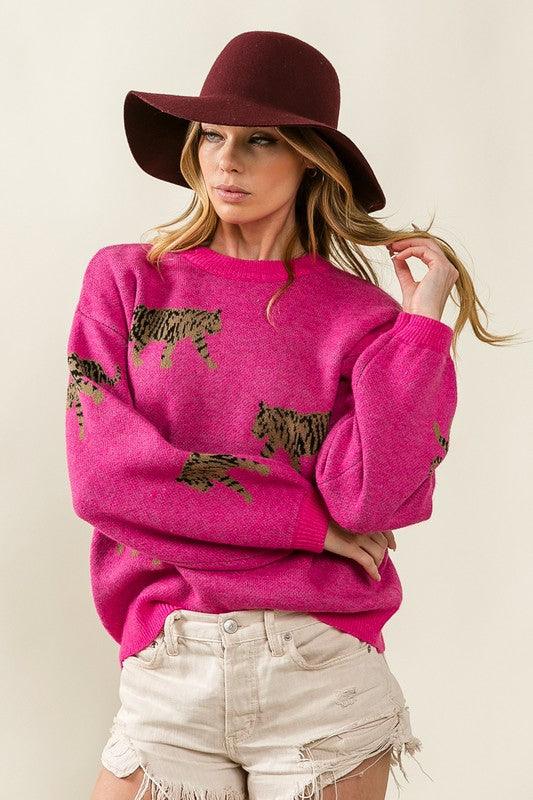 Tiger Pattern Pullover Sweater - Sweater