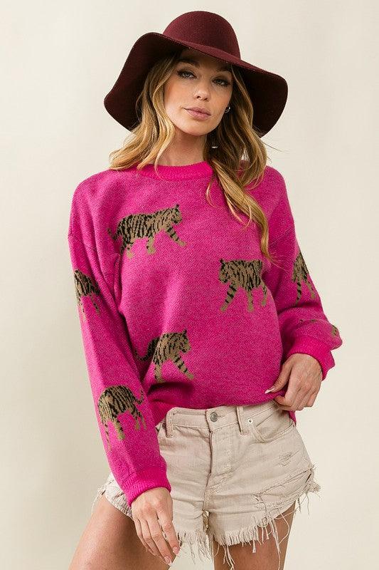 Tiger Pattern Pullover Sweater - Sweater