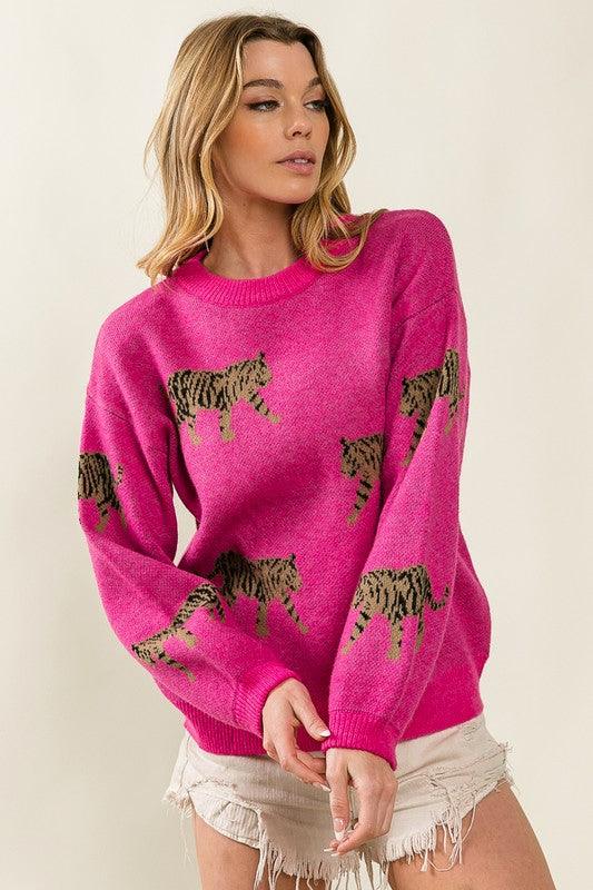 Tiger Pattern Pullover Sweater - Sweater