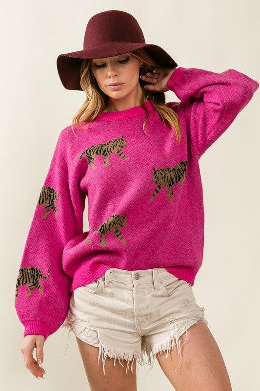 Tiger Pattern Pullover Sweater - Sweater