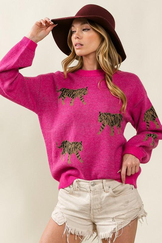 Tiger Pattern Pullover Sweater - Sweater