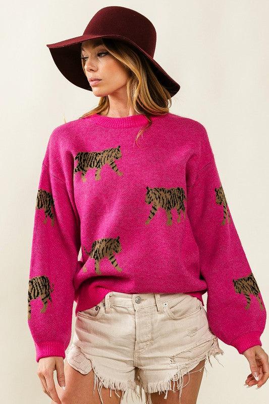 Tiger Pattern Pullover Sweater - Sweater