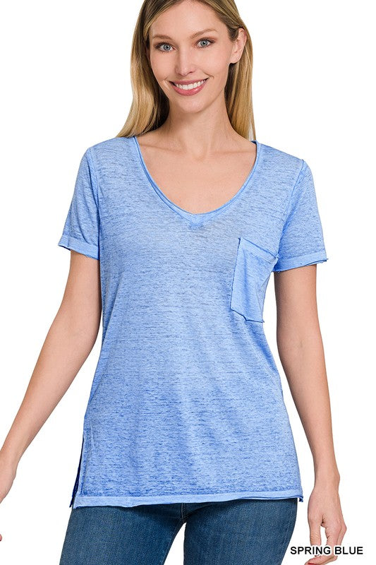 Zenana Washed Melange Burnout Scoop V-Neck Top