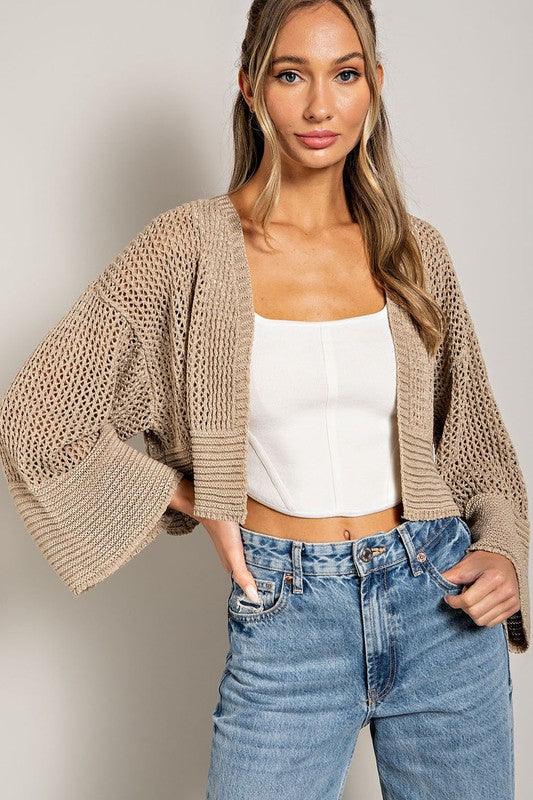 Eyelet Cropped Knit Cardigan - Cardigan