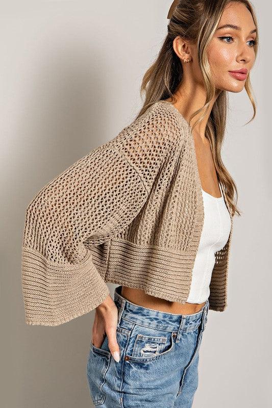 Eyelet Cropped Knit Cardigan - Cardigan