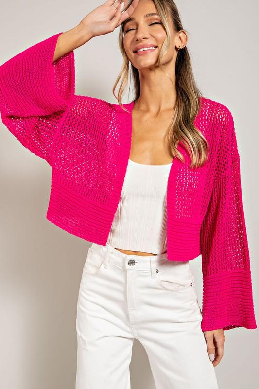 Eyelet Cropped Knit Cardigan - Cardigan