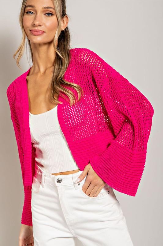 Eyelet Cropped Knit Cardigan - Cardigan