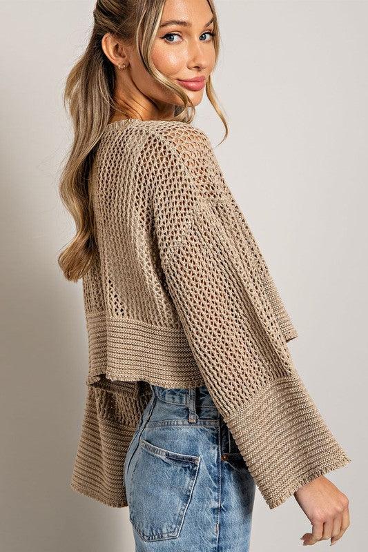 Eyelet Cropped Knit Cardigan - Cardigan