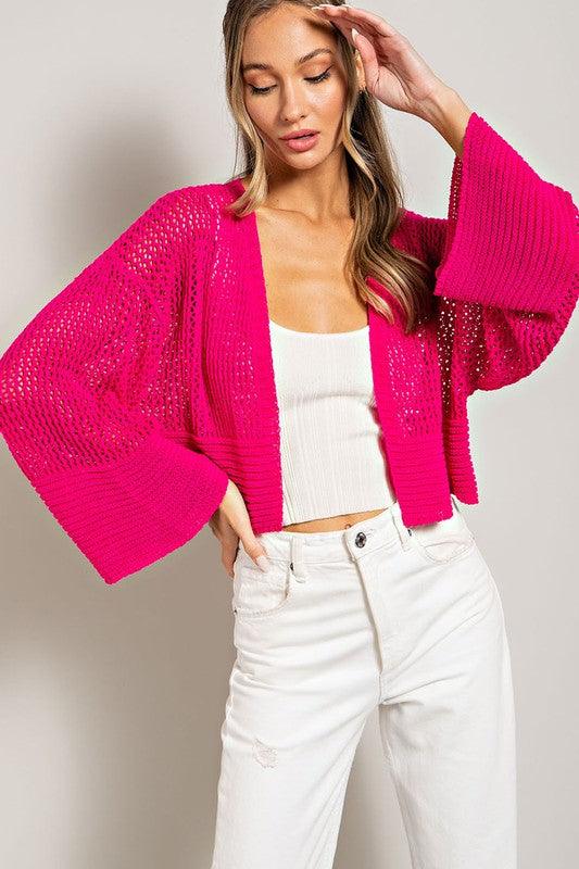 Eyelet Cropped Knit Cardigan - Cardigan