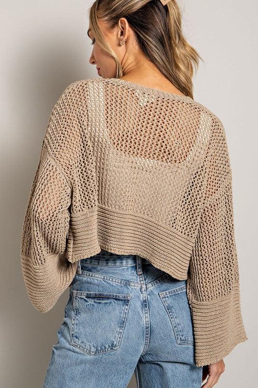 Eyelet Cropped Knit Cardigan - Cardigan