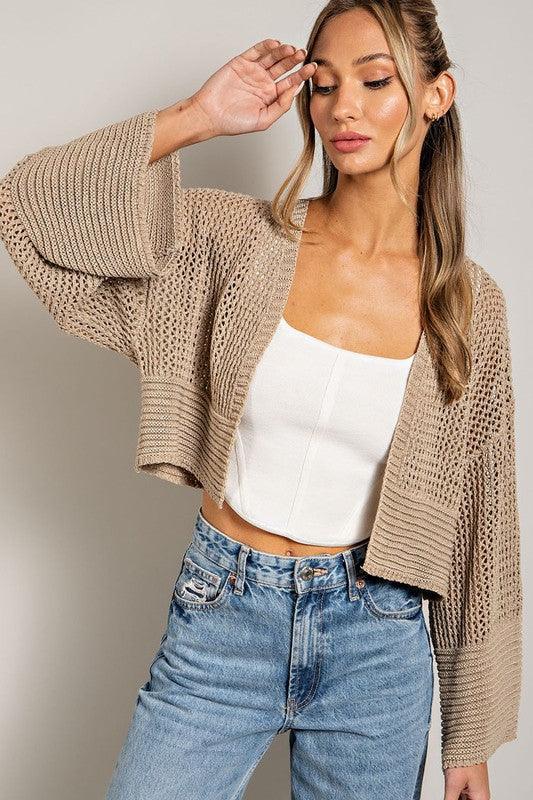 Eyelet Cropped Knit Cardigan - Cardigan