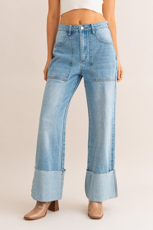 LE LIS High-Waisted Wide Leg Cuffed Jeans