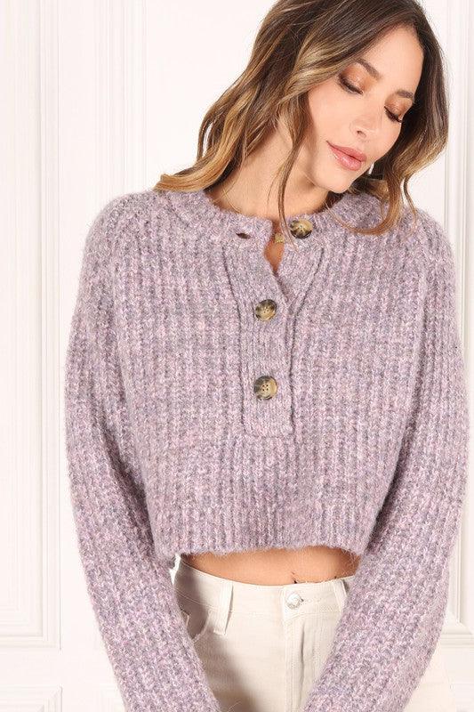 Melange Bottoned Cropped Sweater - Sweater