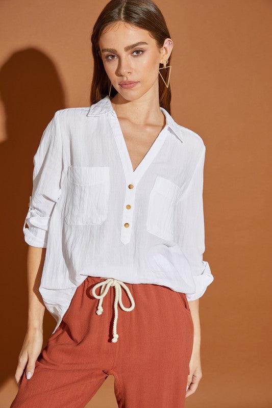 V Neck Button Down Henley Shirt - Shirt