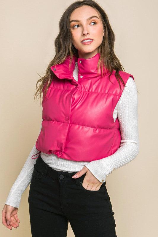 PU Faux Leather Puffer Vest Snap Button - Vest