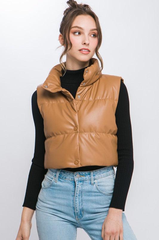 PU Faux Leather Puffer Vest Snap Button - Vest