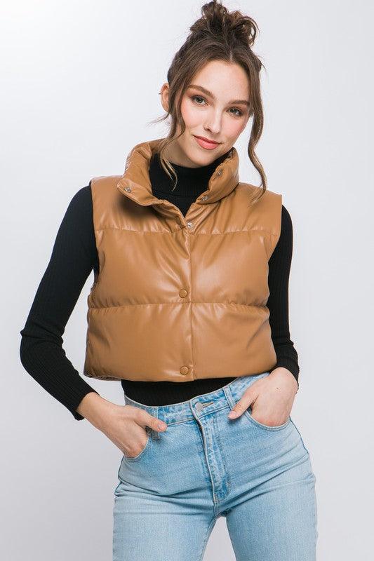 PU Faux Leather Puffer Vest Snap Button - Vest