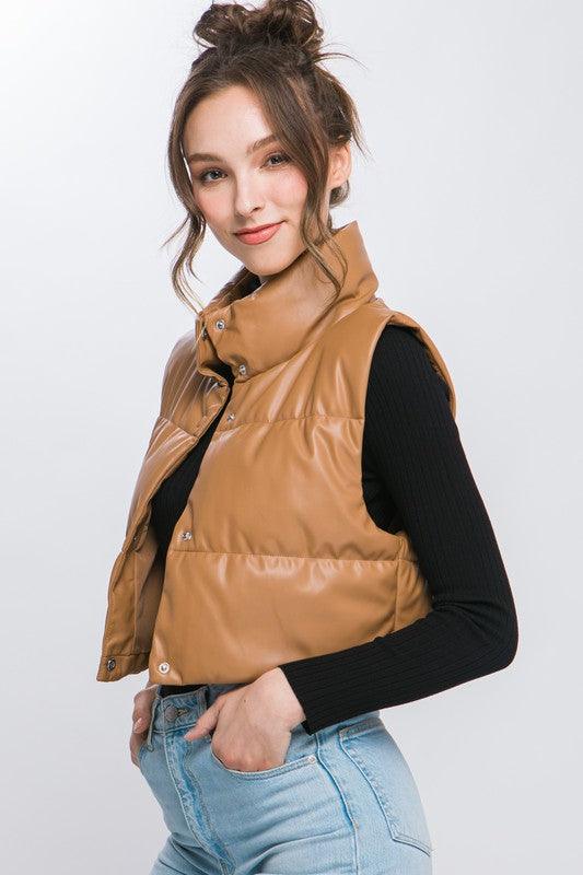 PU Faux Leather Puffer Vest Snap Button - Vest