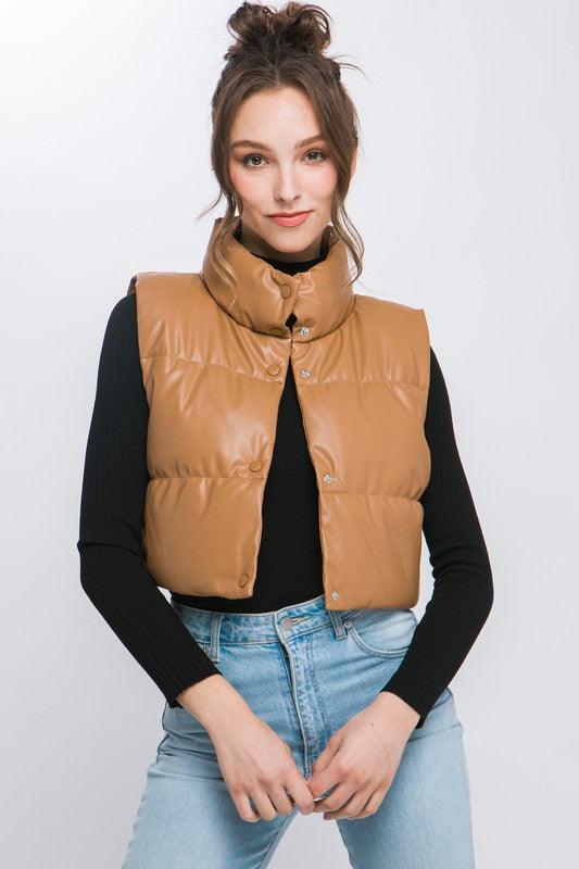 PU Faux Leather Puffer Vest Snap Button - Vest