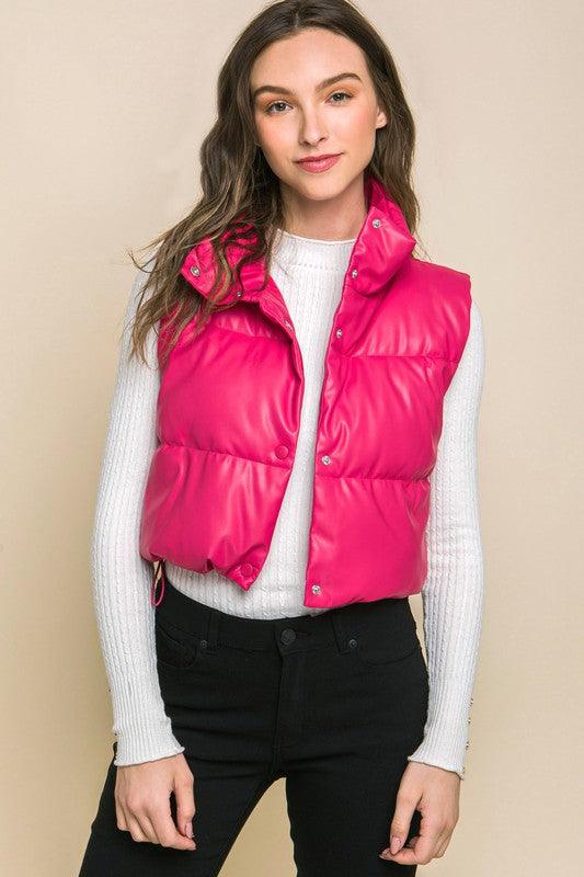 PU Faux Leather Puffer Vest Snap Button - Vest