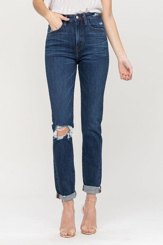 Distressed Roll Up Stretch Mom Jeans - Jeans