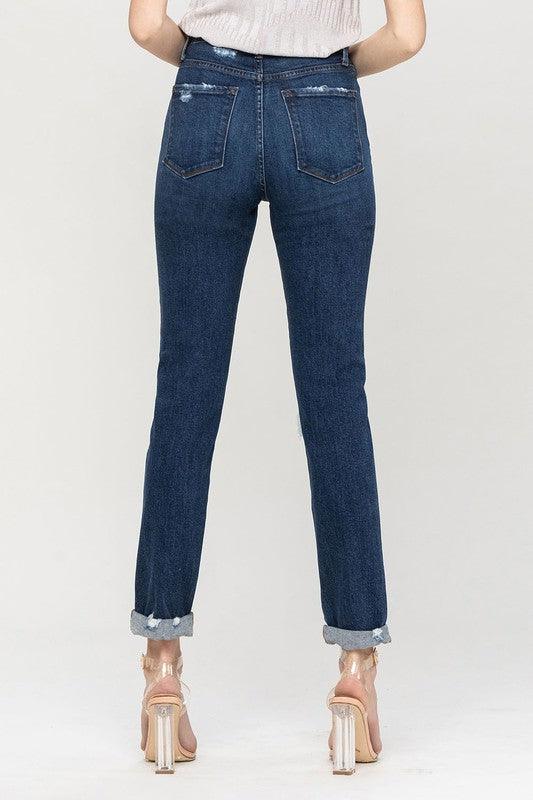 Distressed Roll Up Stretch Mom Jeans - Jeans